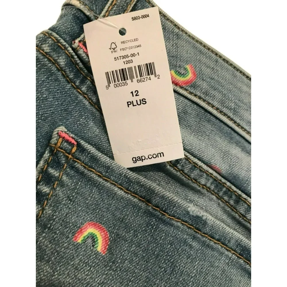 NWT GAP Girls Midi Denim Shorts Sz 12 PLUS Light Wash Rainbows Stars #500035